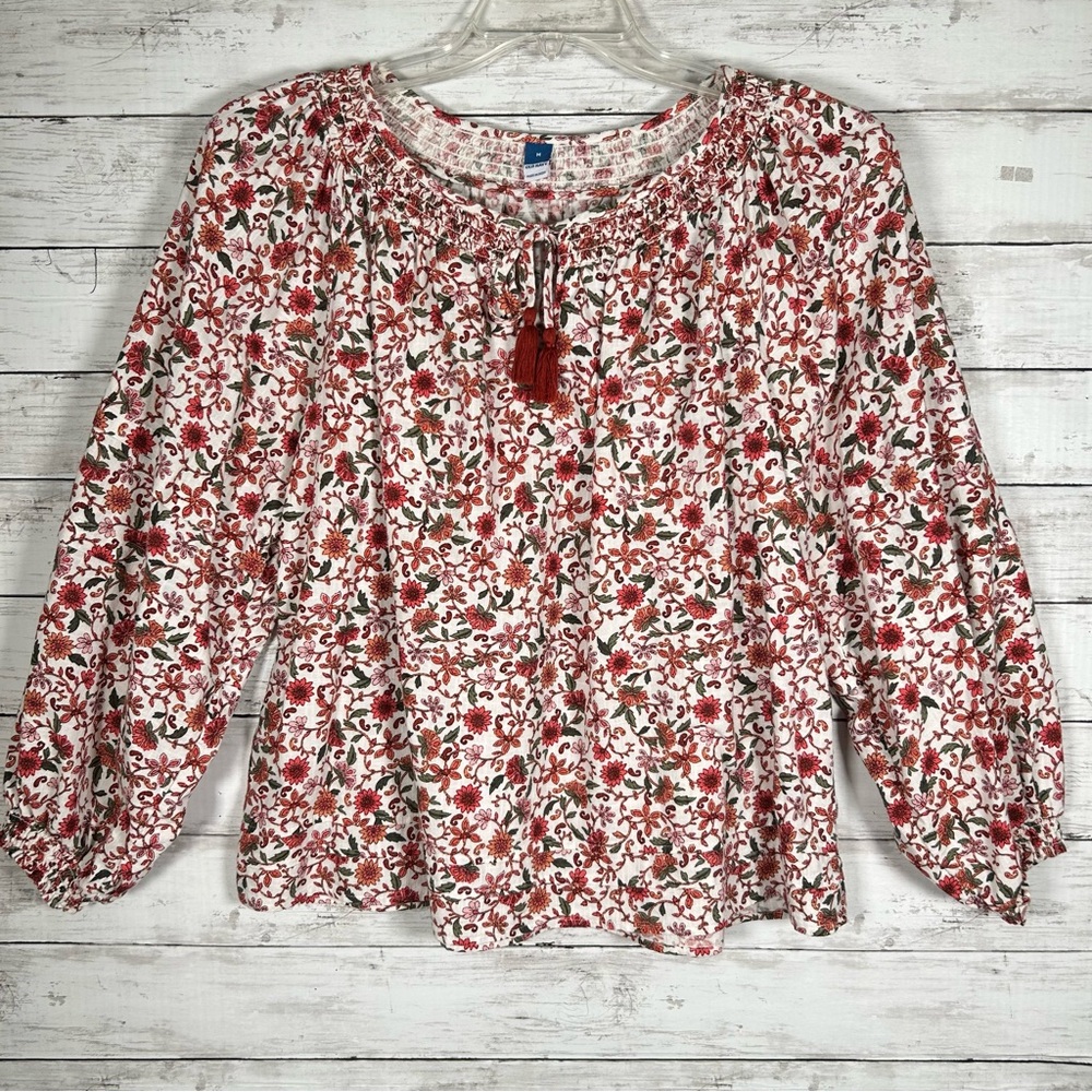 Old Navy Boho Chic Cotton Coral Olive Gathered Neck Balloon Sleeves Top M